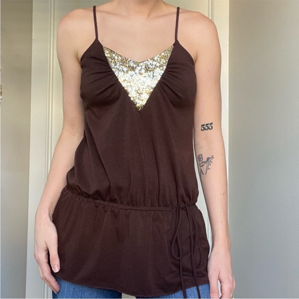Y2K Brown Tank Top with Gold Sequin Detailing